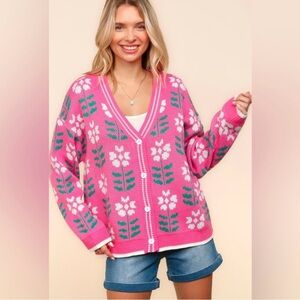 Chic Pink Floral Cardigan Sweater NWOT